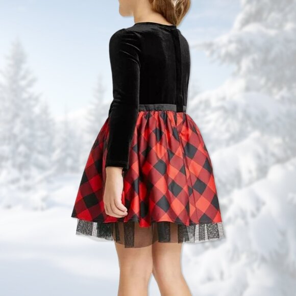 NWT Black Velour & Red Buffalo Check Long-Sleeve Dress - Girls Size L (10/12) - Picture 3 of 5